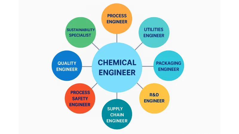 Diagram showing 8 common roles of a chemical engineer including process, safety, R&D, and sustainability positions